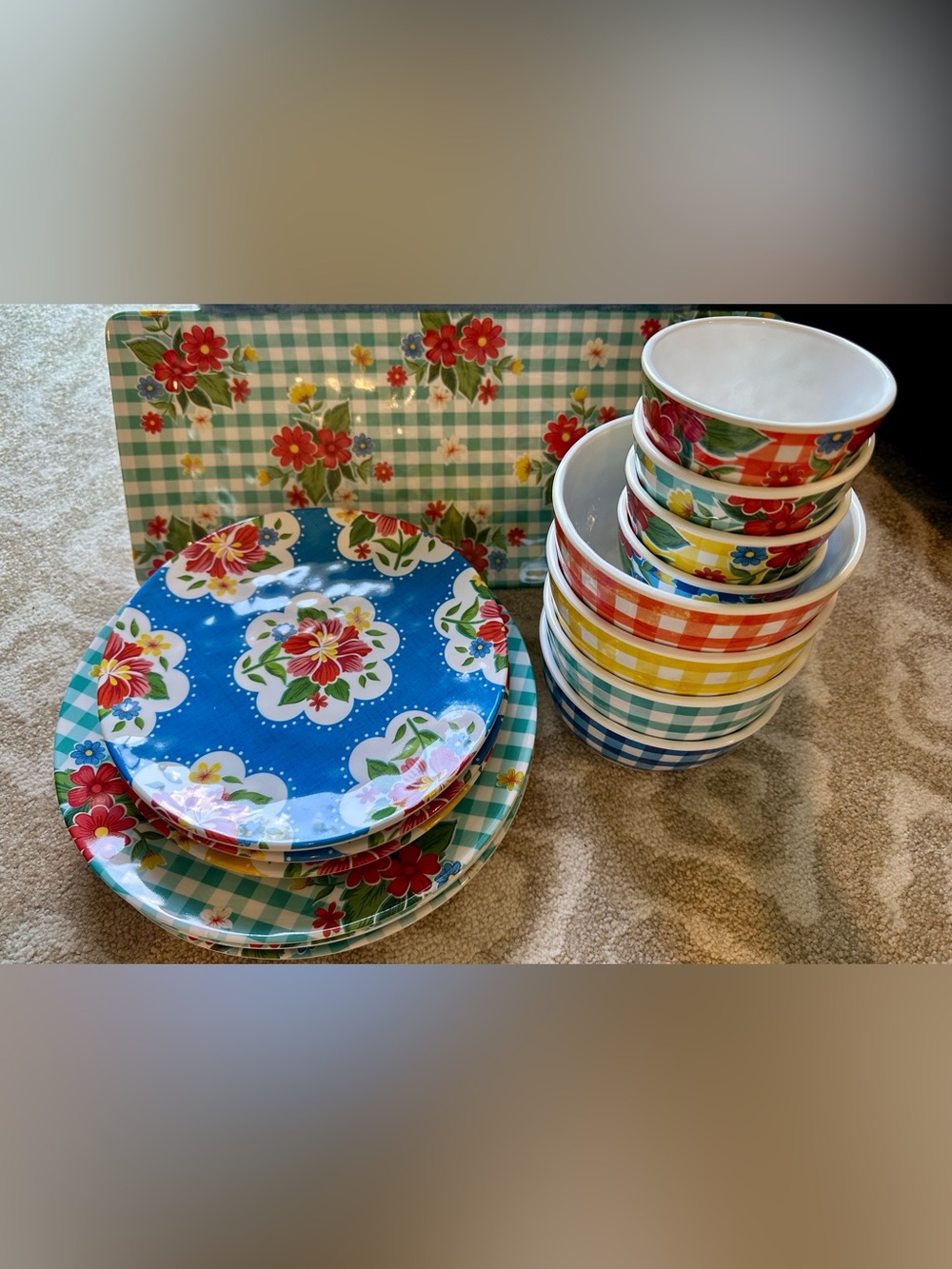 Nancy Green Floral Gingham Melamine Dinnerware Set - Blue & Multi-Color see pics